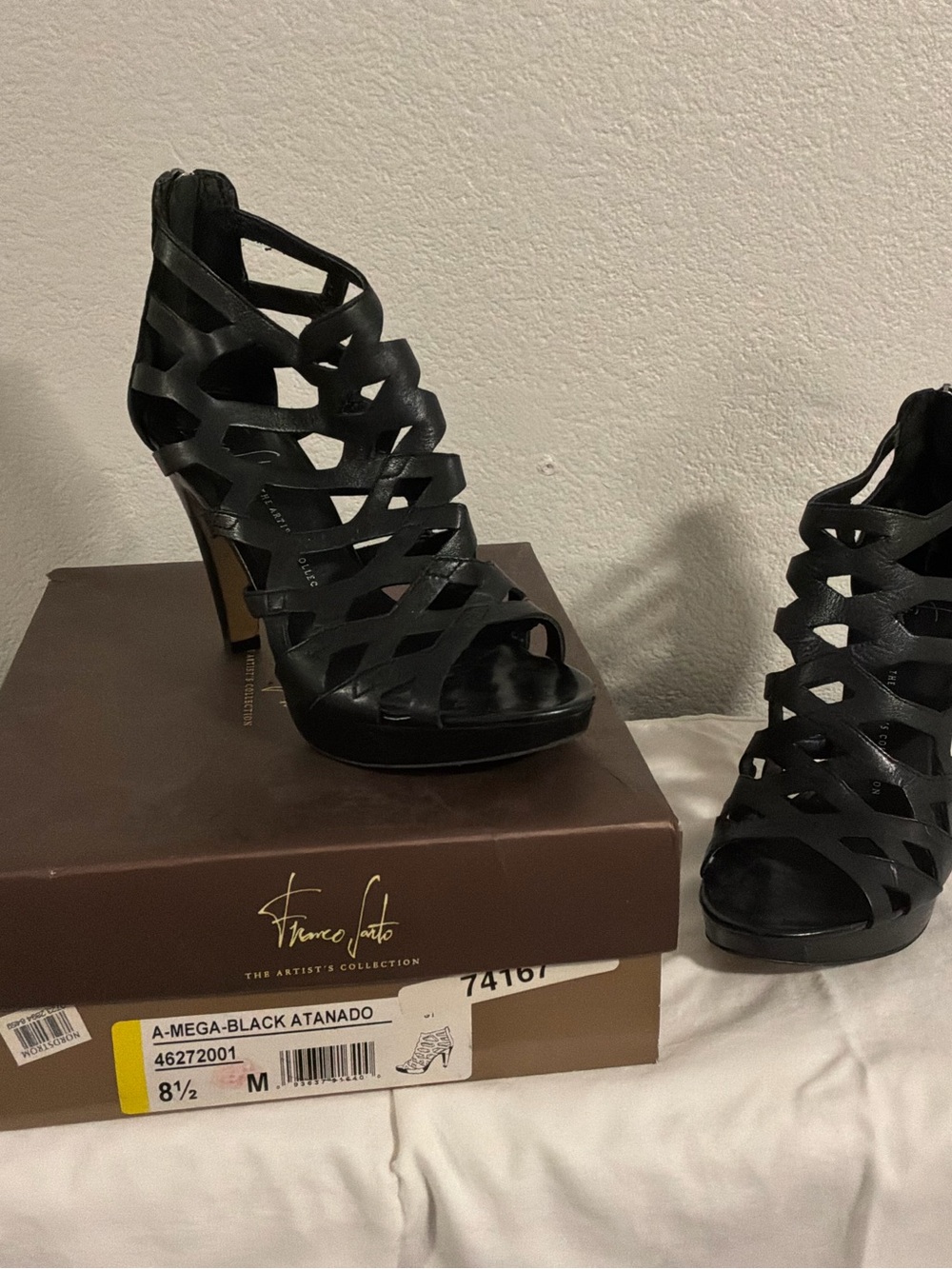 Franco Sarto Black Caged Peep-Toe Heels